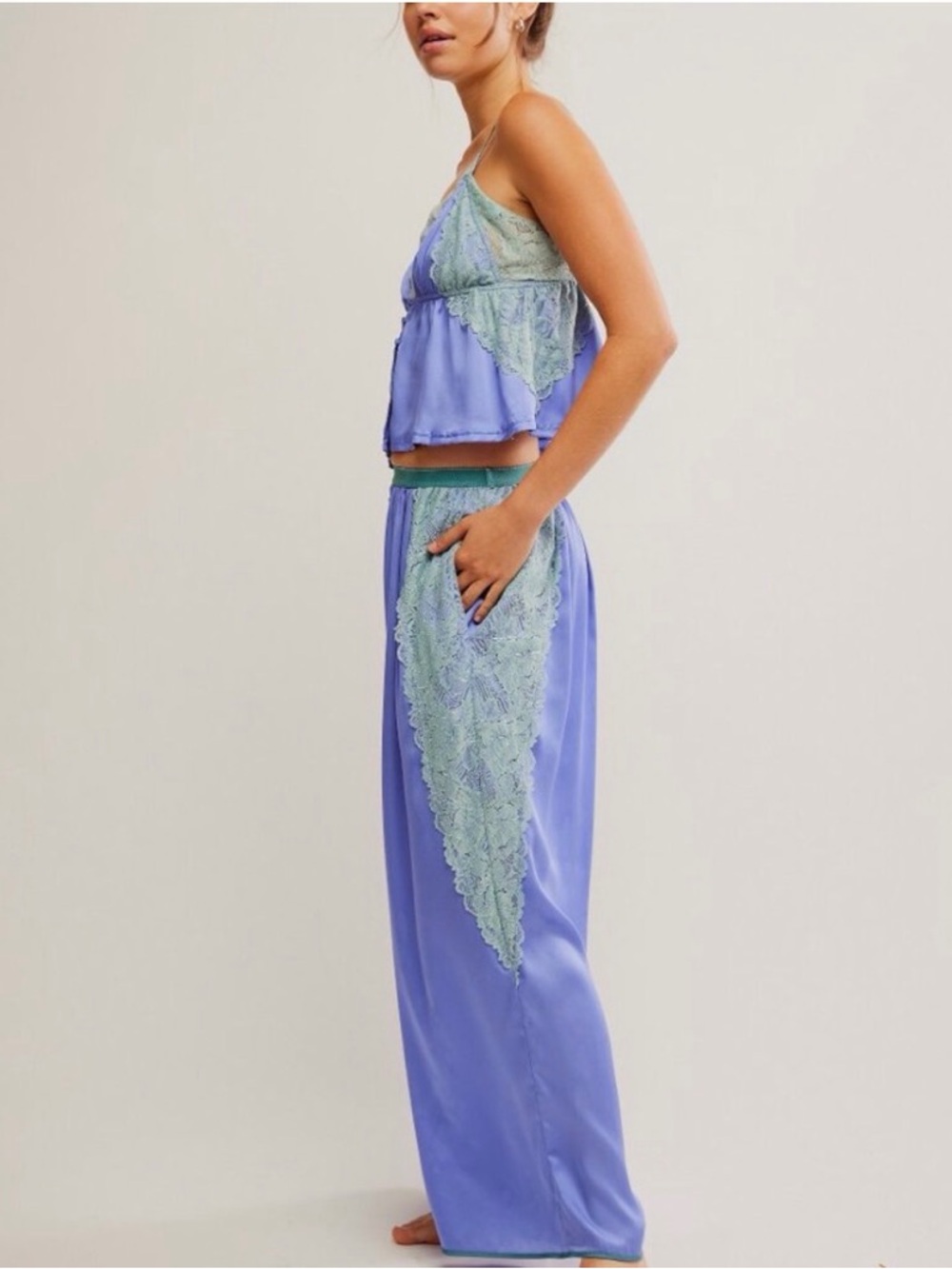 Free People Satin Lace Loungewear Set Anywhere With You Viola Combo Size Small - Picture 11 of 13